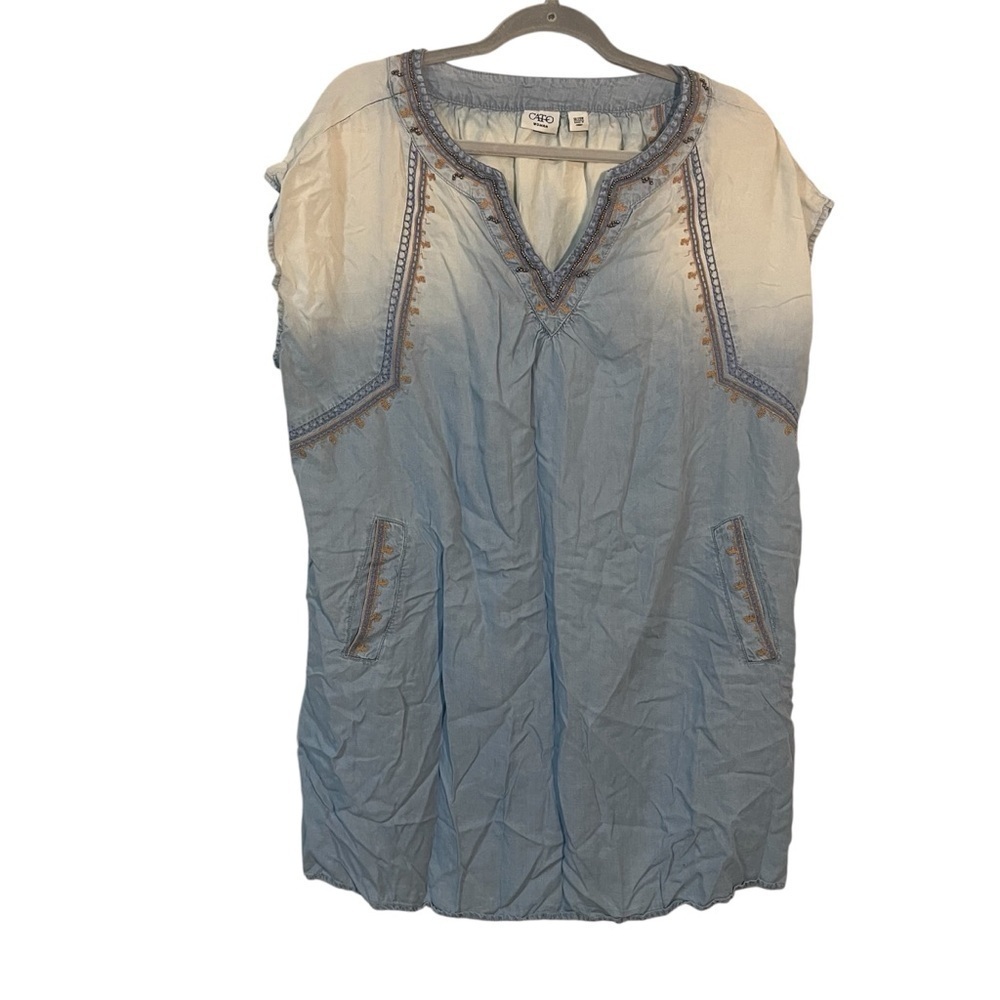 Cato Plus Size 18/20 Chambray Embroidered Blouse Gold beadwork Boho Hippie tunic